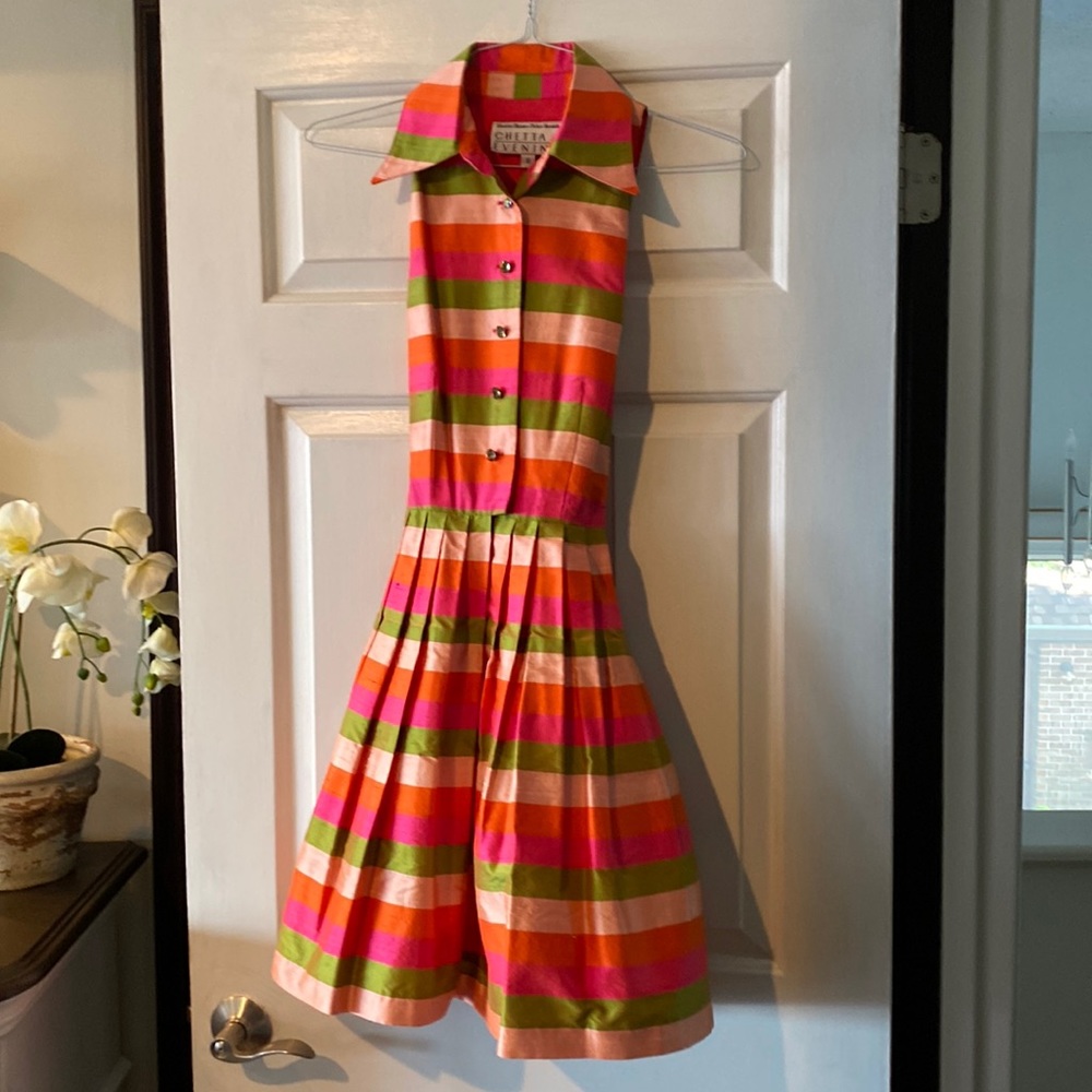 Chetta B Striped Mini Dress in Pink, Orange, Green, Cream